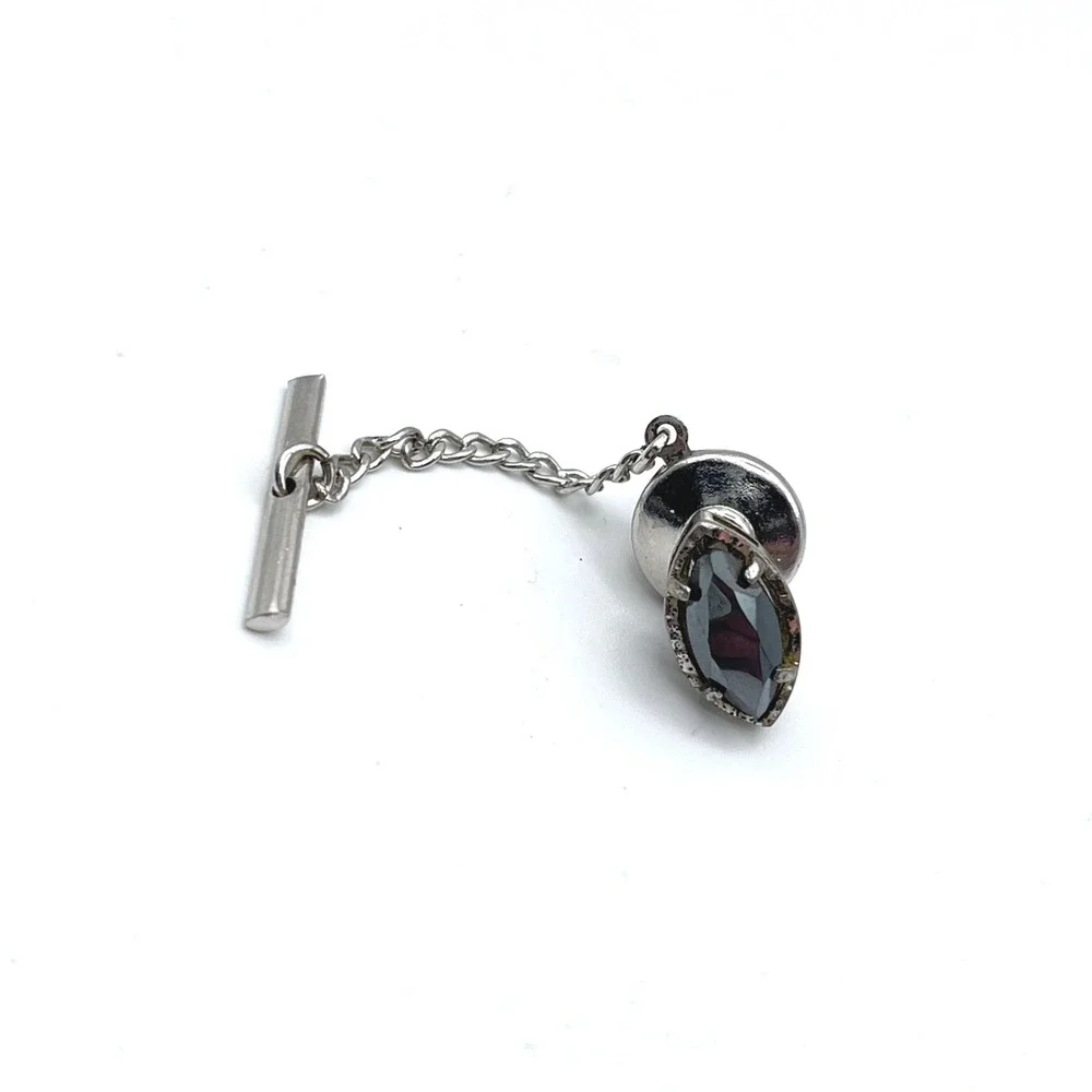 Vintage Hematite‎ Marquise Tie Tac Silver Tone with Security Chain T-Bar Mens